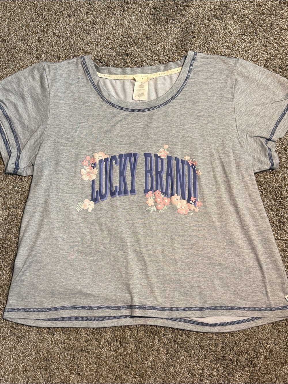 Lucky Brand Light Gray Tee with Navy Logo and Pink Floral Accents